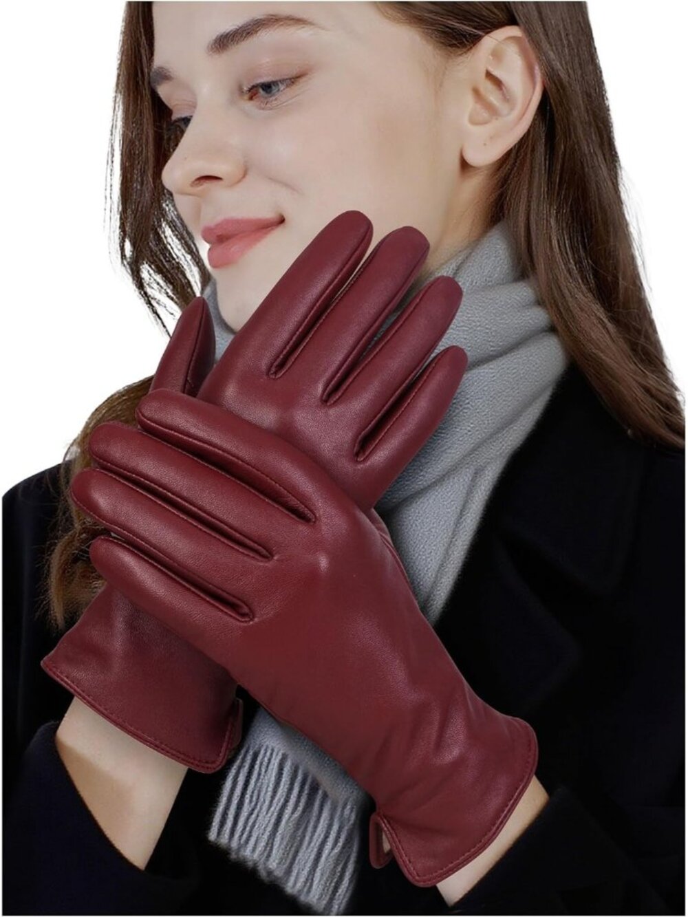 Women's Burgundy Touchscreen Winter Wool Cashmere Lined Sheepskin Leather Gloves